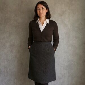 Vintage 80s Intuitions Wool Blend Pinstripe Skirt Black White Lined Midi Classic